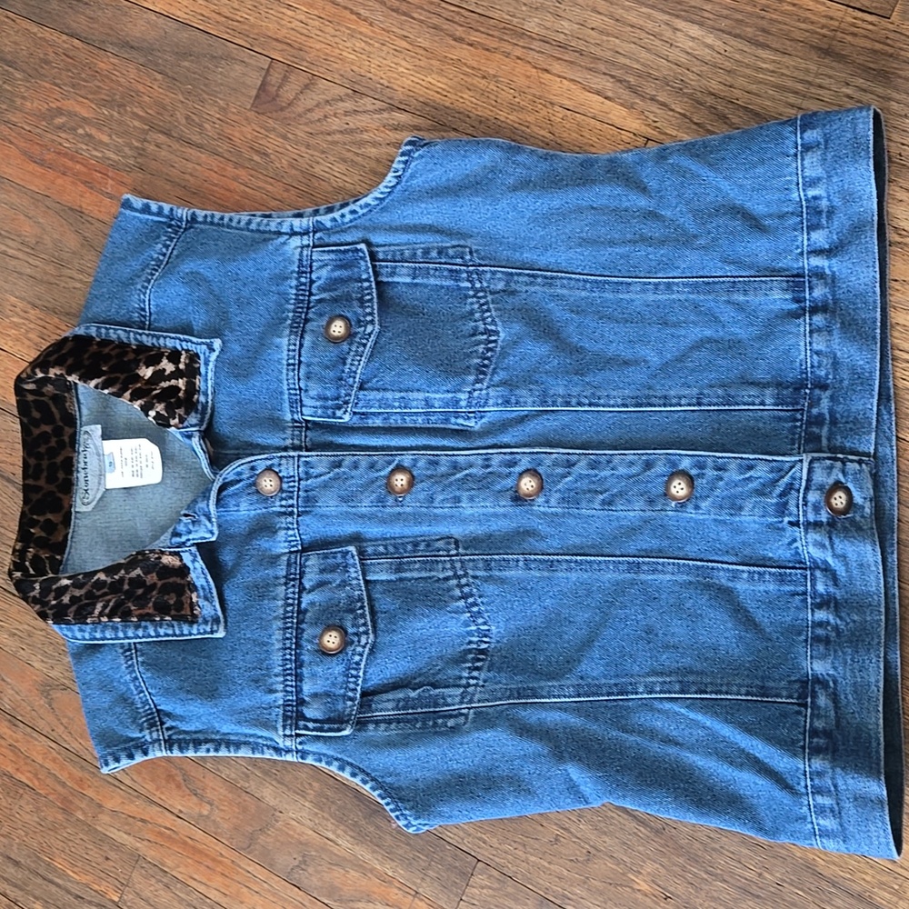 Denim Sleeveless Vest SMALL Cheetah Print Jean Blue
